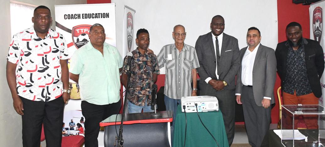 TRIUMPHANT TEAM: Newly-elected Trinidad and Tobago Football Association president Kieron Edwards, third from right, with some of the members of his Team Progressive slate. Second vice-president Osmond Downer, centre, is flanked by Edwards and third vice-president Jameson Rigues, third from left. —Photo: TREVOR WATSON (Image obtained at newsday.co.tt)