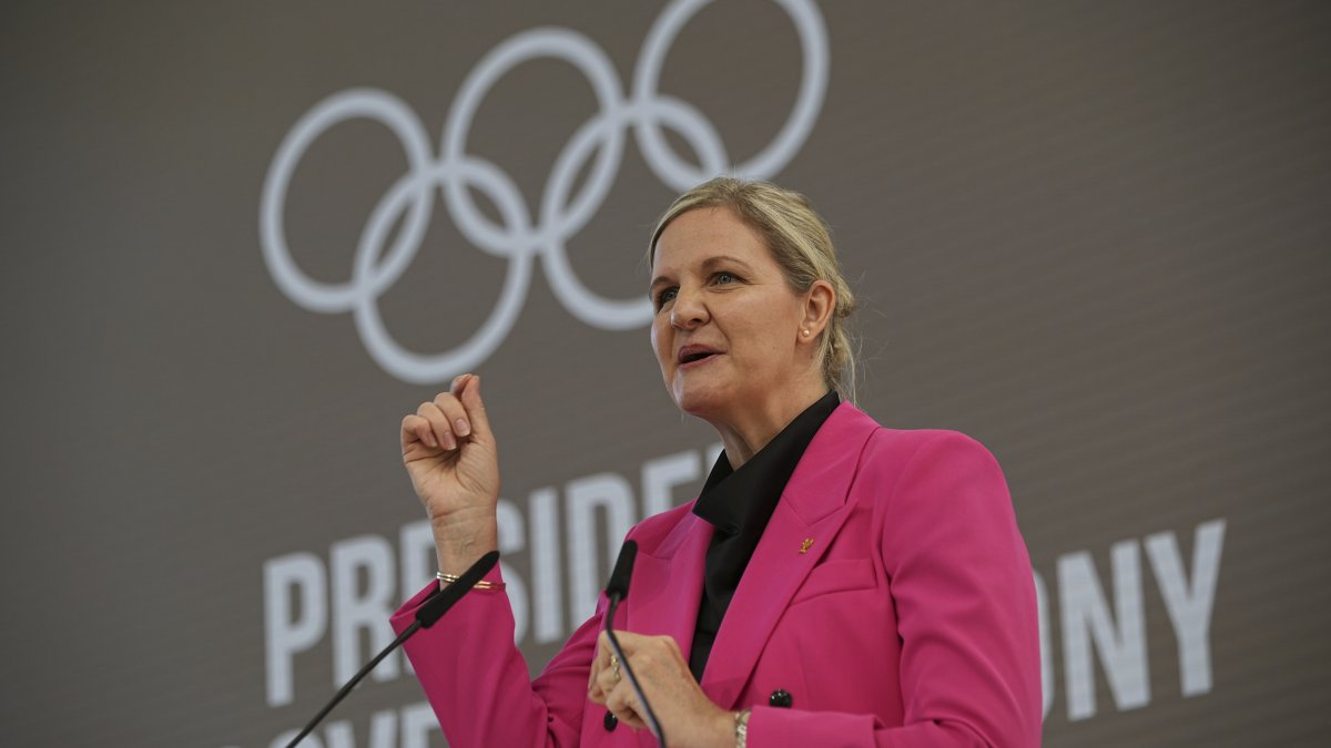 IOC President Kirsty Coventry speaks during the handover ceremony of the IOC Presidency at Olympic House, Lausanne, Switzerland, June 23, 2025. (AP Photo) (Image obtained at dailysabah.com)